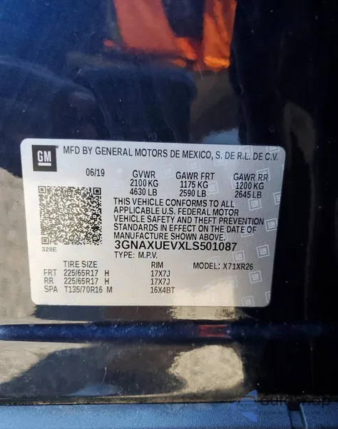 2020 Chevrolet Equinox Lt из США, поврежденный, VIN 3GNAXUEVXLS501087